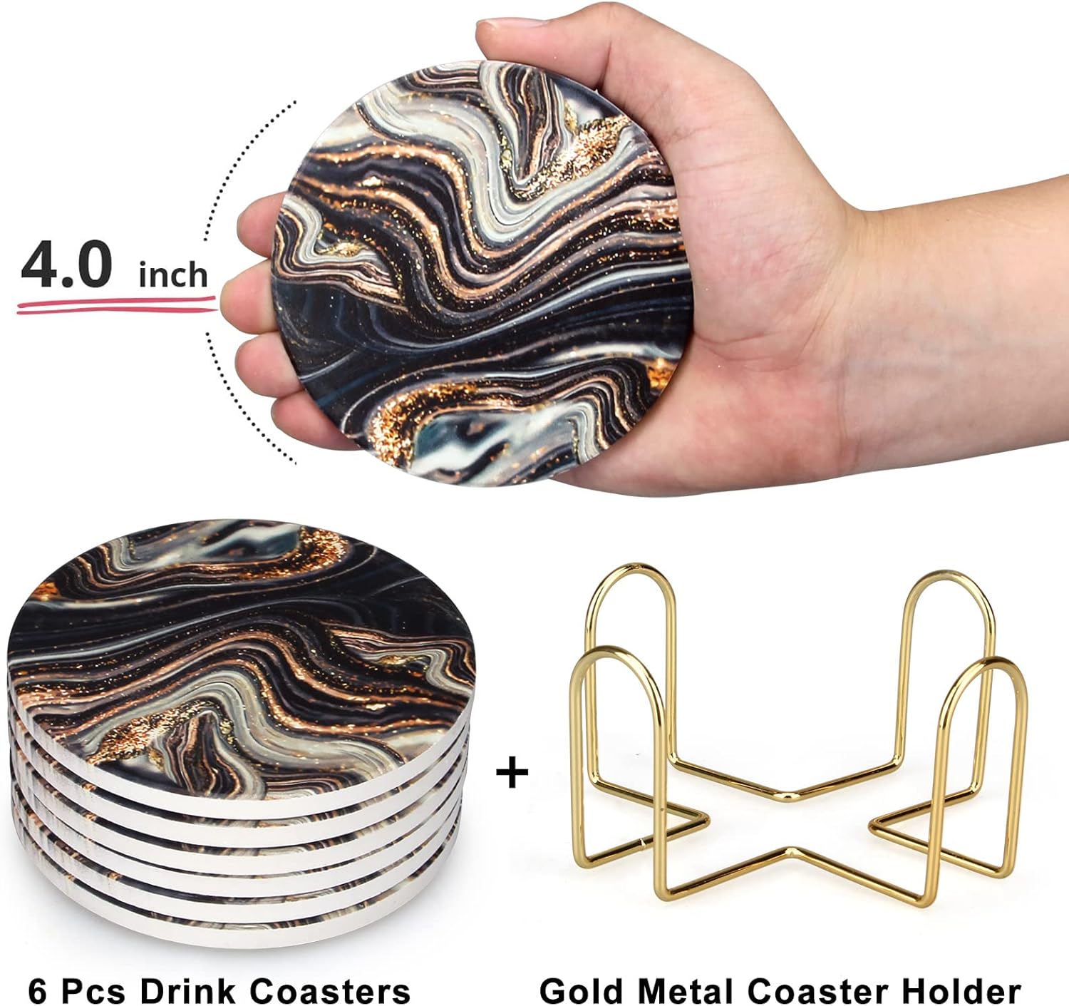6 count Black and  Marble Coasters with Holder  Round Absorbent Coasters for Drinks, Coffee, , Table Marble Personalized Coaster Sets