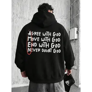 Agree With God Move With God Never Doubt God Handwritten Letter Hoodie, 270G Brushed Fleece Red Circle Accent Christian Back Print Hooded Sweatshirt, Inspirational Religious Casual Streetwear Pullover For Men Women
