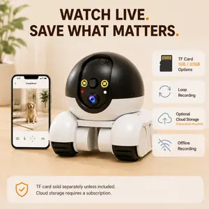 Robot Camera Wheeled Mobile Security Bot Dual 1080P HD Screens View Built in Human Pet Detection Instant App Alerts Two Way Audio Remote Room To Room Checking For House Pets Senior Family Monitoring