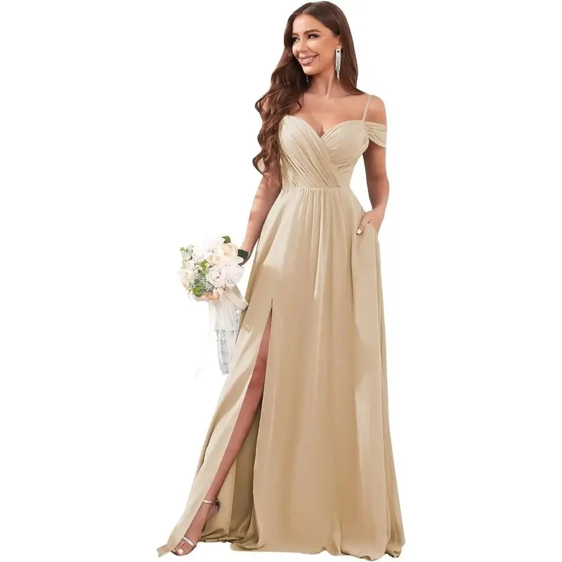 Women's Off-Shoulder Fitted Chiffon Bridesmaid Dress - Long Slit, Ruched, With Pockets, Formal Wear, Comfortable Sports & Outdoor Workout Top, Formal Elegant Dress, Formal Dresses For Women