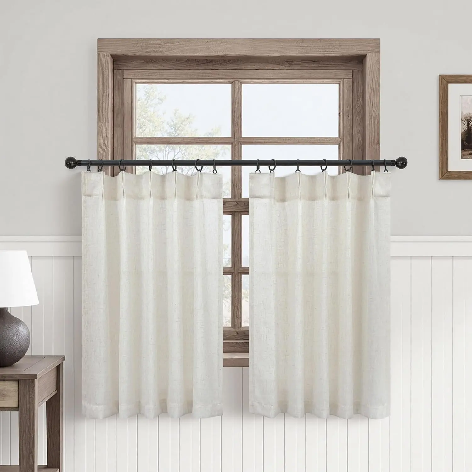 Kitchen Cafe Curtains 24 Inch Length 2 Panels Set Pinch Pleat Light Filtering Sheer Privacy Linen Short Pleated Curtains for Small Window Cream Colored Curtain for Bathroom 24x24 Ivory Off White