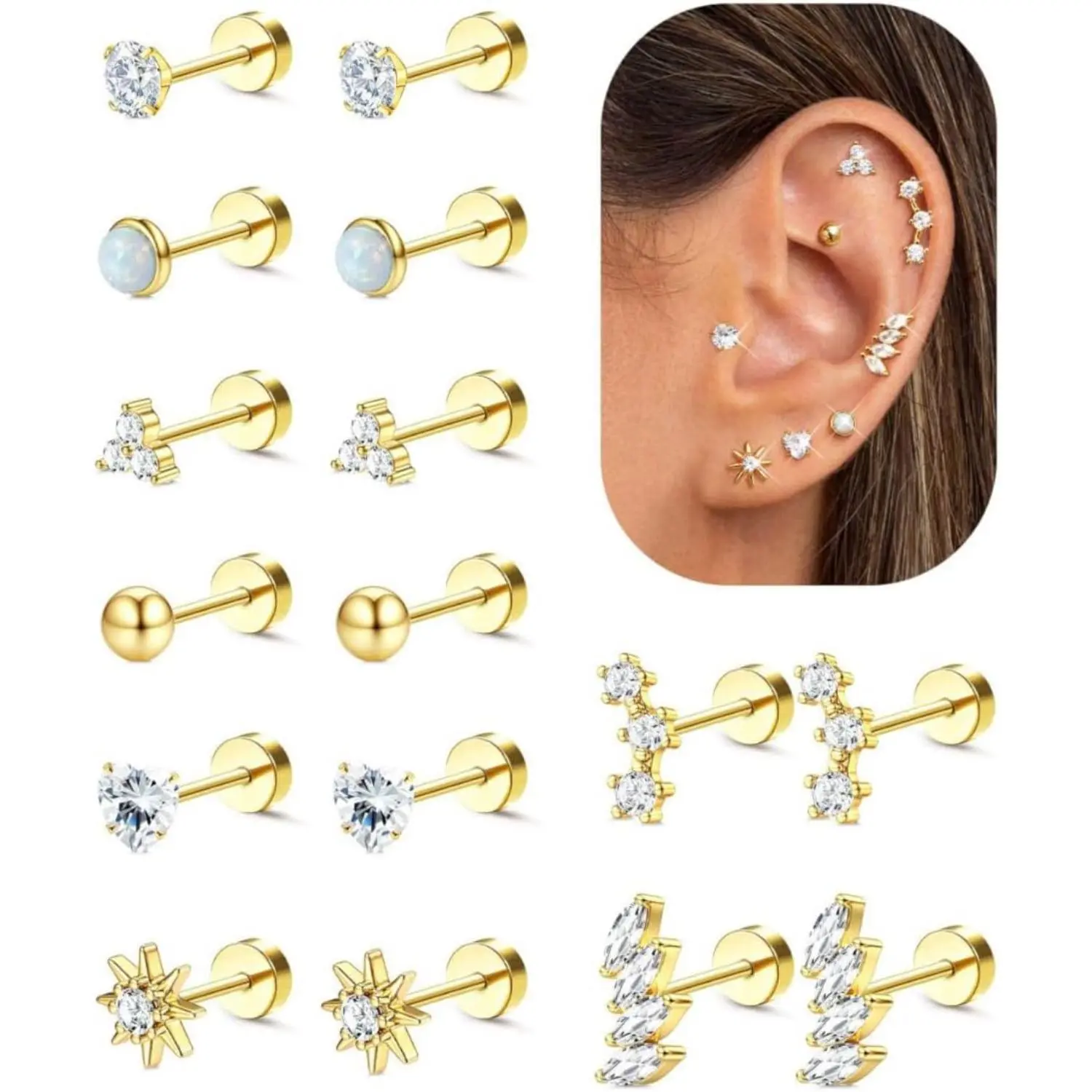 FIASASO Hypoallergenic Flat Back Earrings 14K Plated Gold Cartilage Earring Stacks Surgical Stainless Steel Earrings For Sensitive Ears Women Helix Conch Tragus Piercing Jewelry Flatback Stud Earring Set