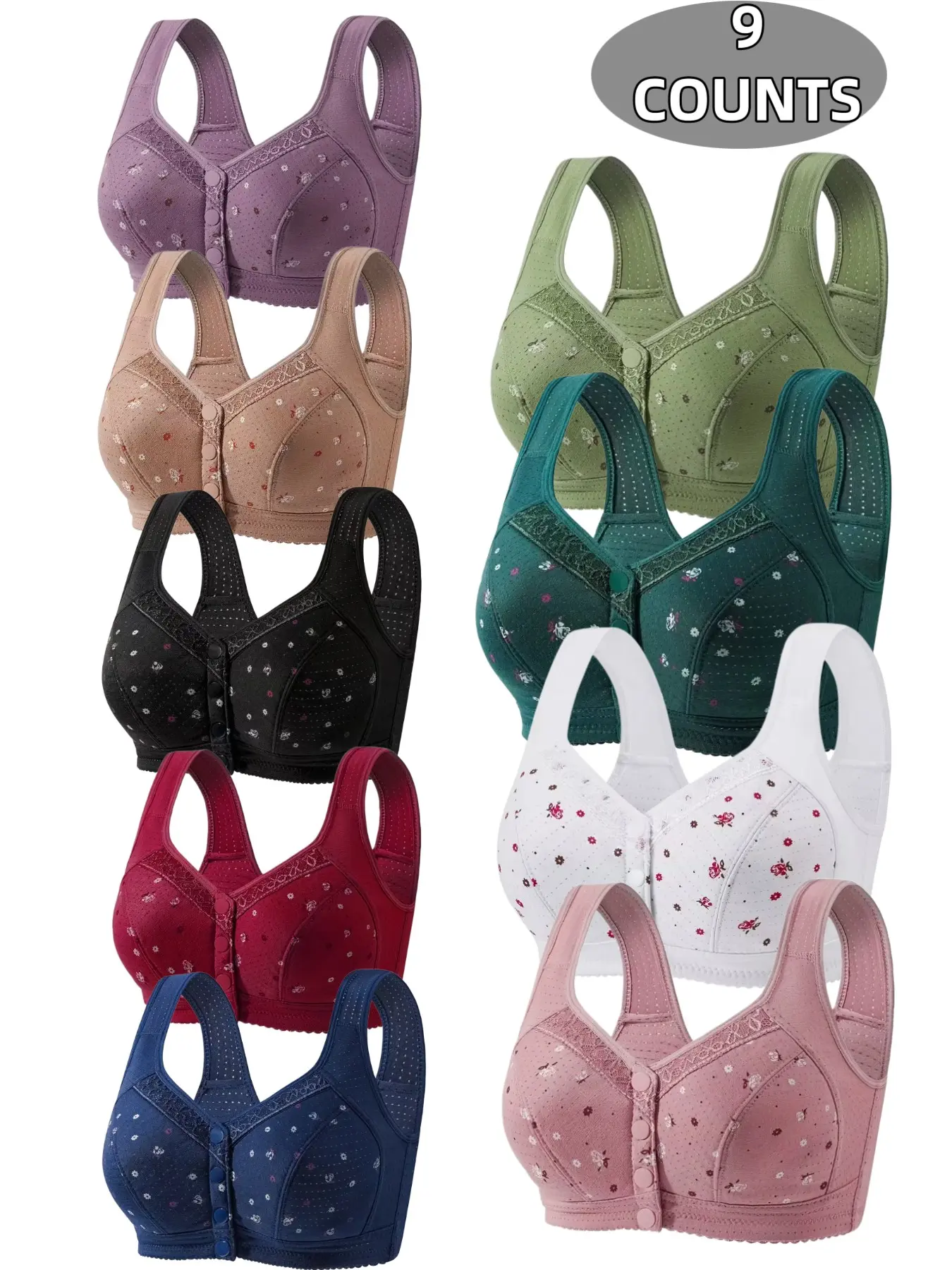 9-Piece Women's Lace Bralette Set, Geometric Pattern, Seamless Comfort Fit, Full Coverage, Breathable Soft Fabric, All-Seasons Daily Wear