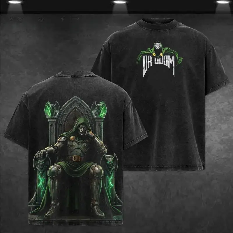 Menswear Short-Sleeve Round Neck Graphic Print Dr Doom Double-Sided T-Shirt - Vintage Washed, Oversized, Heavy Cotton, Unisex Casual Top, Ideal Gift for Supervillain Comic Fans, Shortsleeve, Tshirt