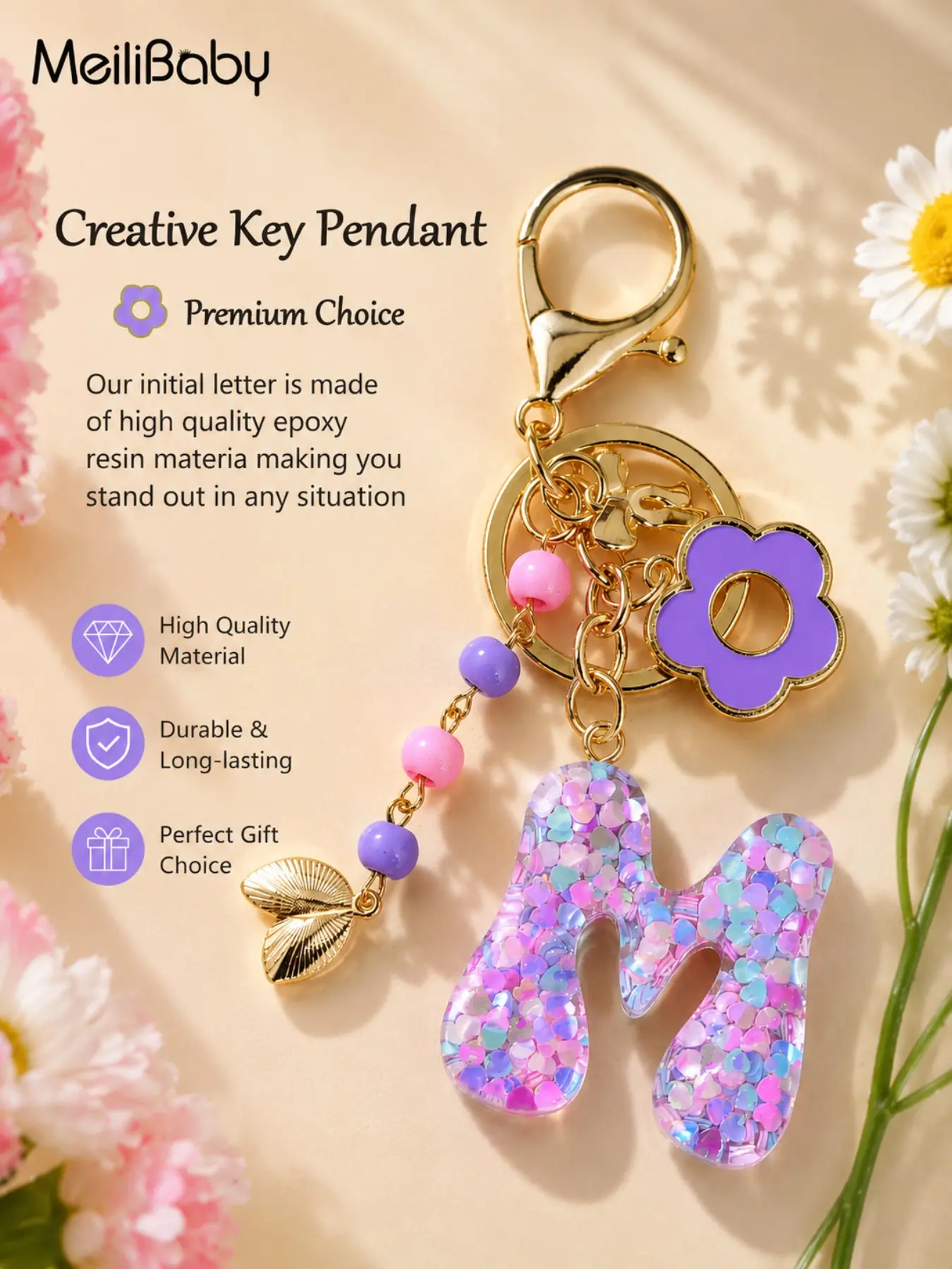 A-Z Flower Letter Keychain, Sparkly Fringe Pendant, Handbag Key Ring, Casual Style, Stars Pattern, No Choking Hazard Warning
