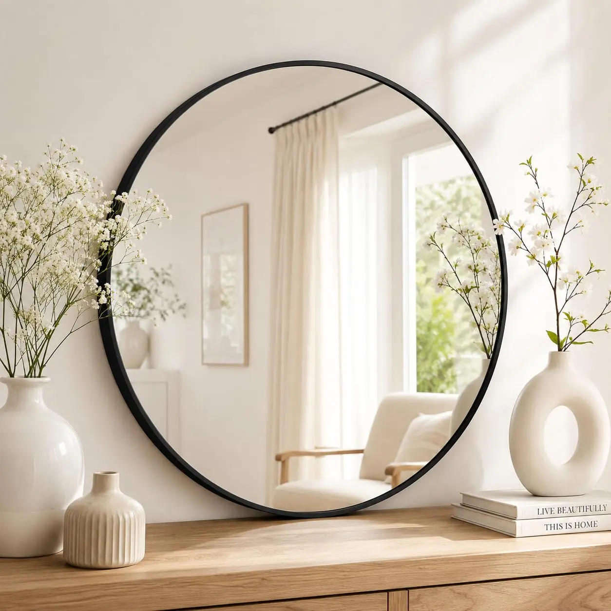 【GARVEE】18-Inch Round Wall Mirror – Circular Mirror with Black Metal Frame – Round Wall Mirror for Entryway, Dressing Room, Bedroom Decoration – Easy to Install