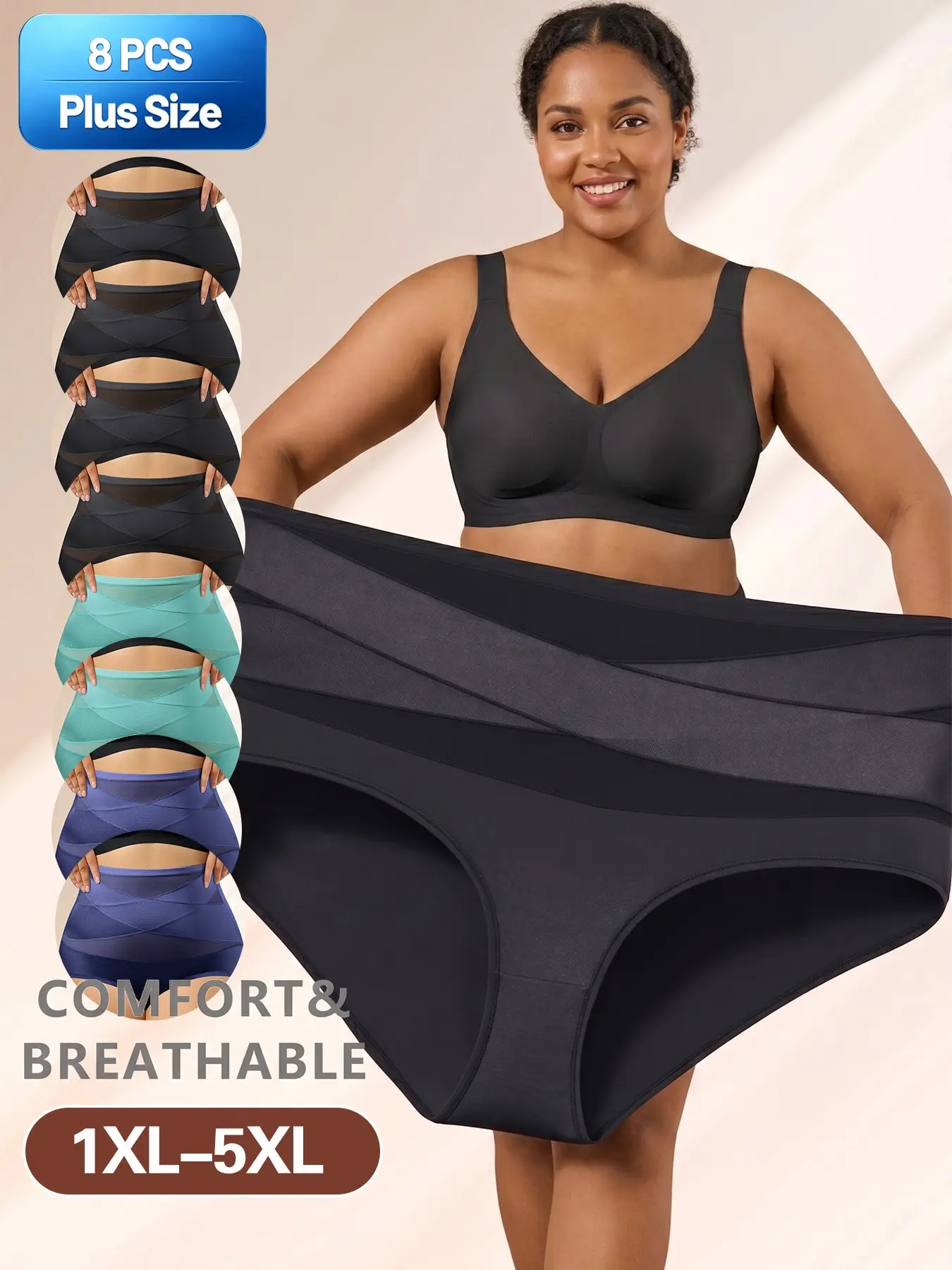 8pcs Plus Size Soft High-Waisted Waist Trainer Fit Briefs, Women's Breathable Butt-Lift Triangle Panties, Underwear Invisible Choice for Office & Weddings, Compression Panties