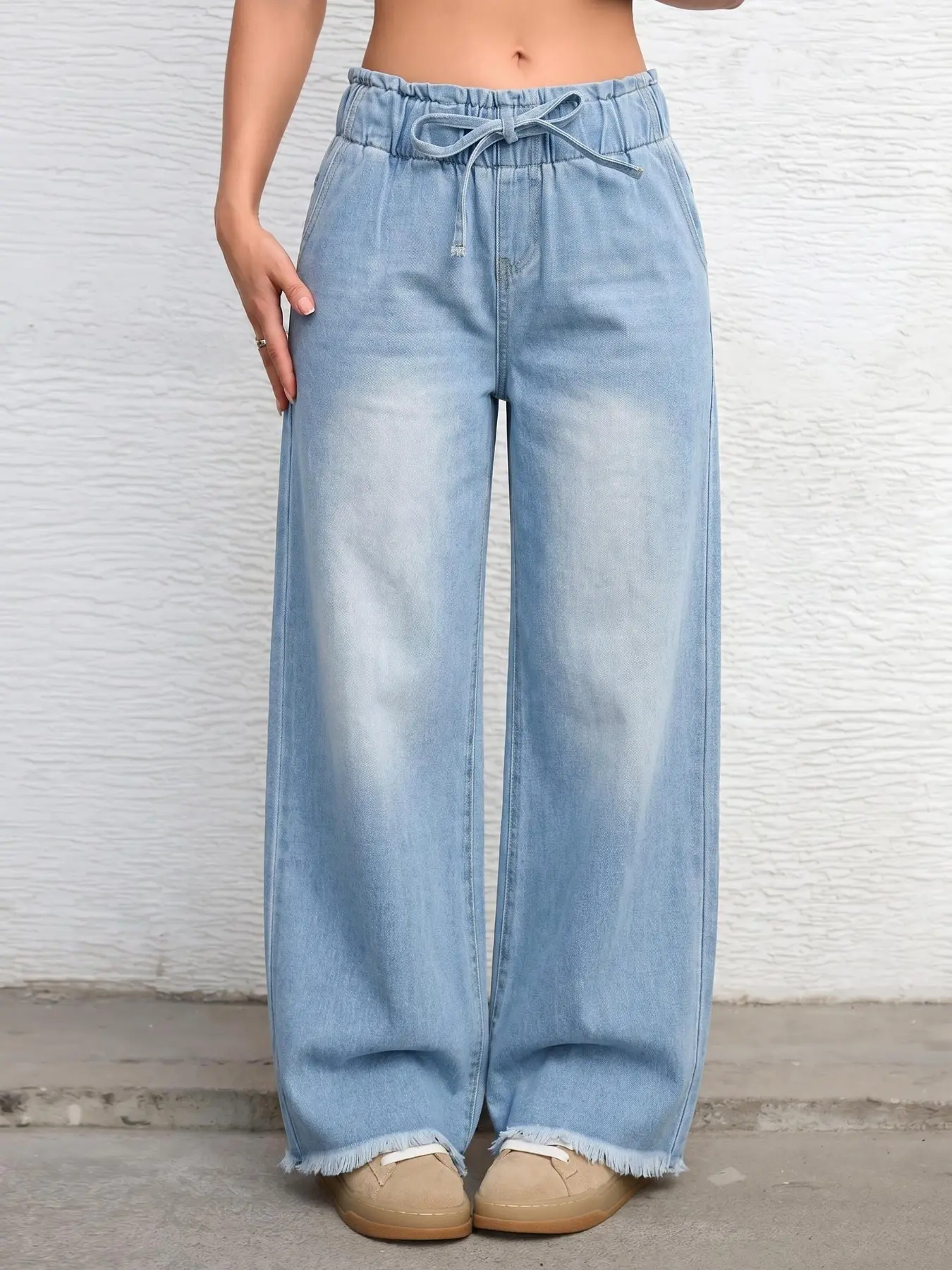 Vintage Light Wash Drawstring Elastic Waist Wide Leg Loose Hem Women's Casual Jeans, Comfortable and Stylish Long Pants for All Seasons