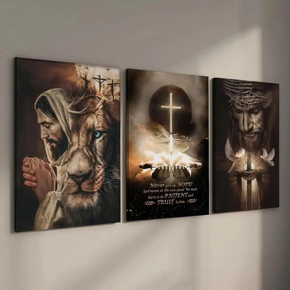 3-Piece Canvas Jesus Judas Lion Glowing Cross Triptych, Dark Realistic Christian Art, Living Room Wall Decor, Unframed Gift