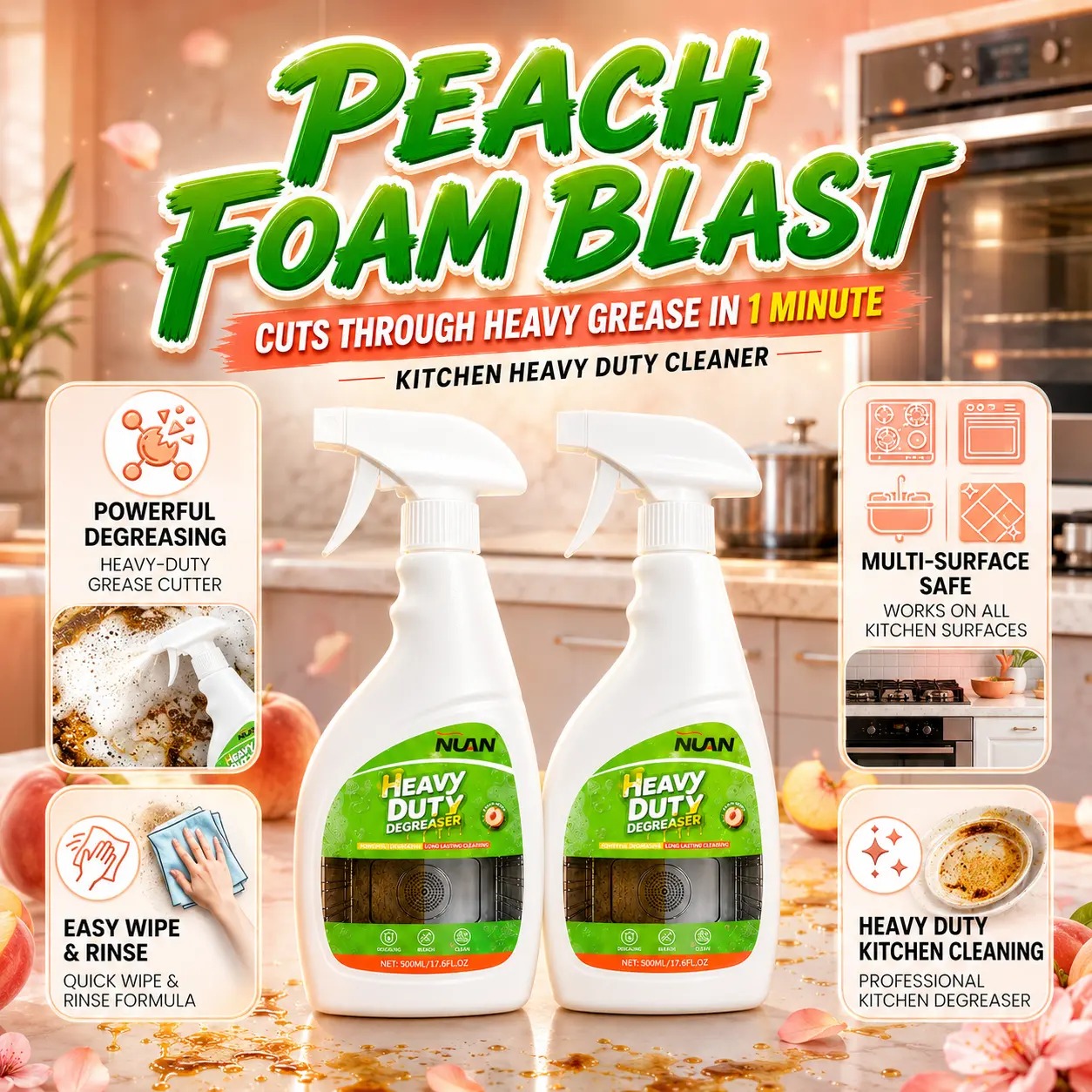 NUAN Heavy Duty Liquid Degreaser, Household Kitchen Cleaner - Effective Stain Removal, All-Purpose Cleaner for Stubborn Oil Stains - MJ, Kitchen Cleaners