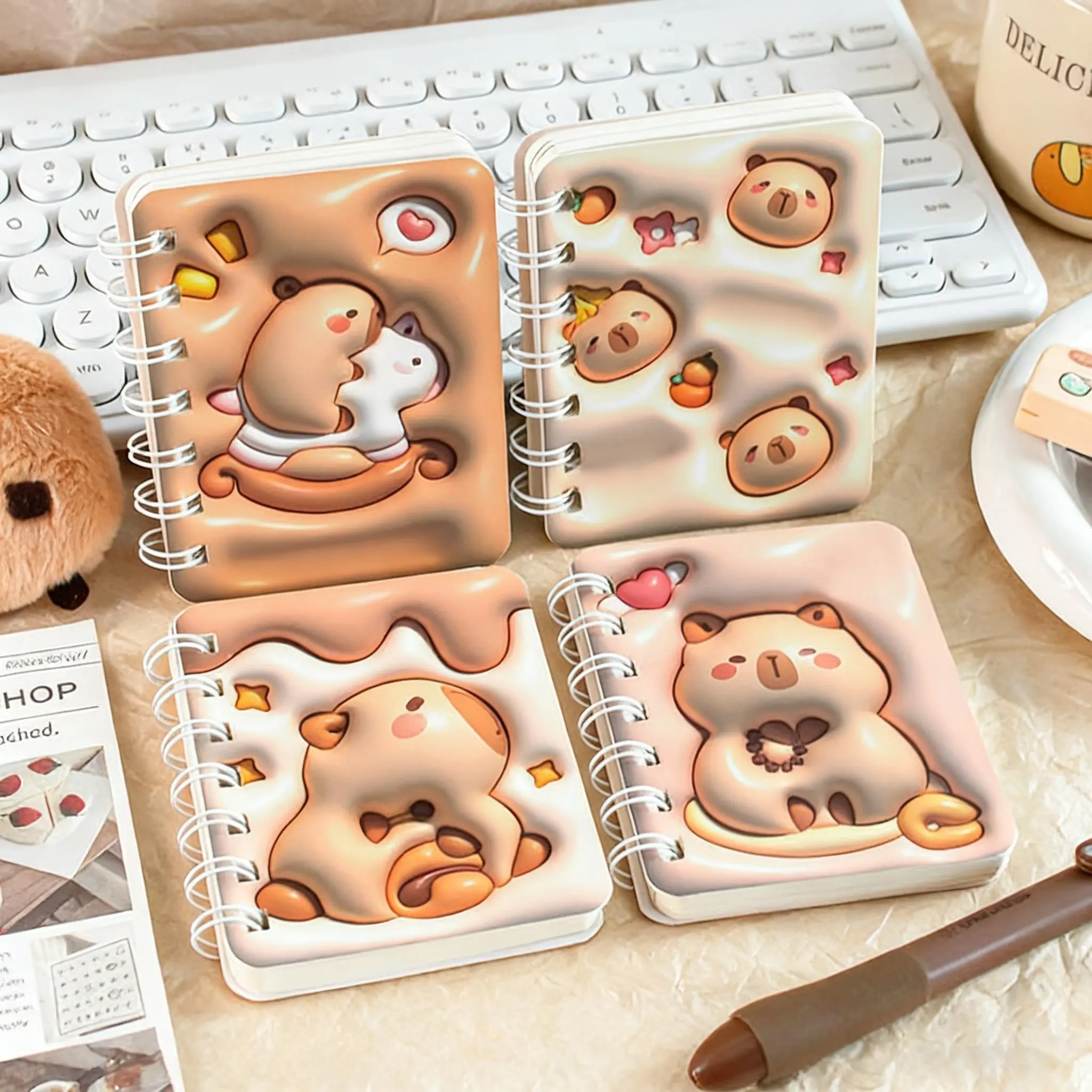 4-Pack A7 Coil Notebooks, Portable Pocket Edition, Student Cartoon 3D Effect, Office Use, Thick Anti-Ink Writing, Mini Diary, Gift Idea