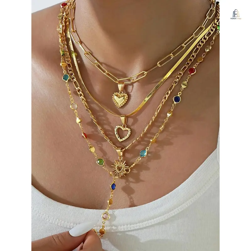 Women's Multi-Tiered Necklace Set, Vintage Alloy Metal Jewelry with Snake Chain and Crystal Heart Pendant for Daily Wear & Party Look, Crystal Hearts, Stacking, Stacking Sets