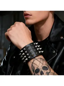 Unisex Wide PU Leather Spiked Cuff Bracelet, 5 Rows Metal Cone Spike Studded Punk Rock Gothic Biker Wristband Adjustable Black Leather Wrist Cuff for Men Women Halloween Costume Jewelry