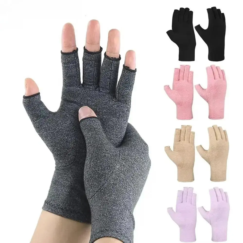 Compression Gloves 2 Pairs Solid Fingerless Hand Brace for Arthritis Pain Relief Carpal Tunnel Wrist Support Breathable Copper Therapy Gloves for Women Men