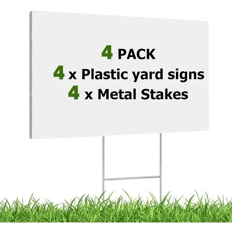 4 Pack 18x12 Inches White Corrugated Plastic Yard Sign with Metal Stakes Outdoor Weatherproof Signs for Blank Lawn Sign Estate Garage