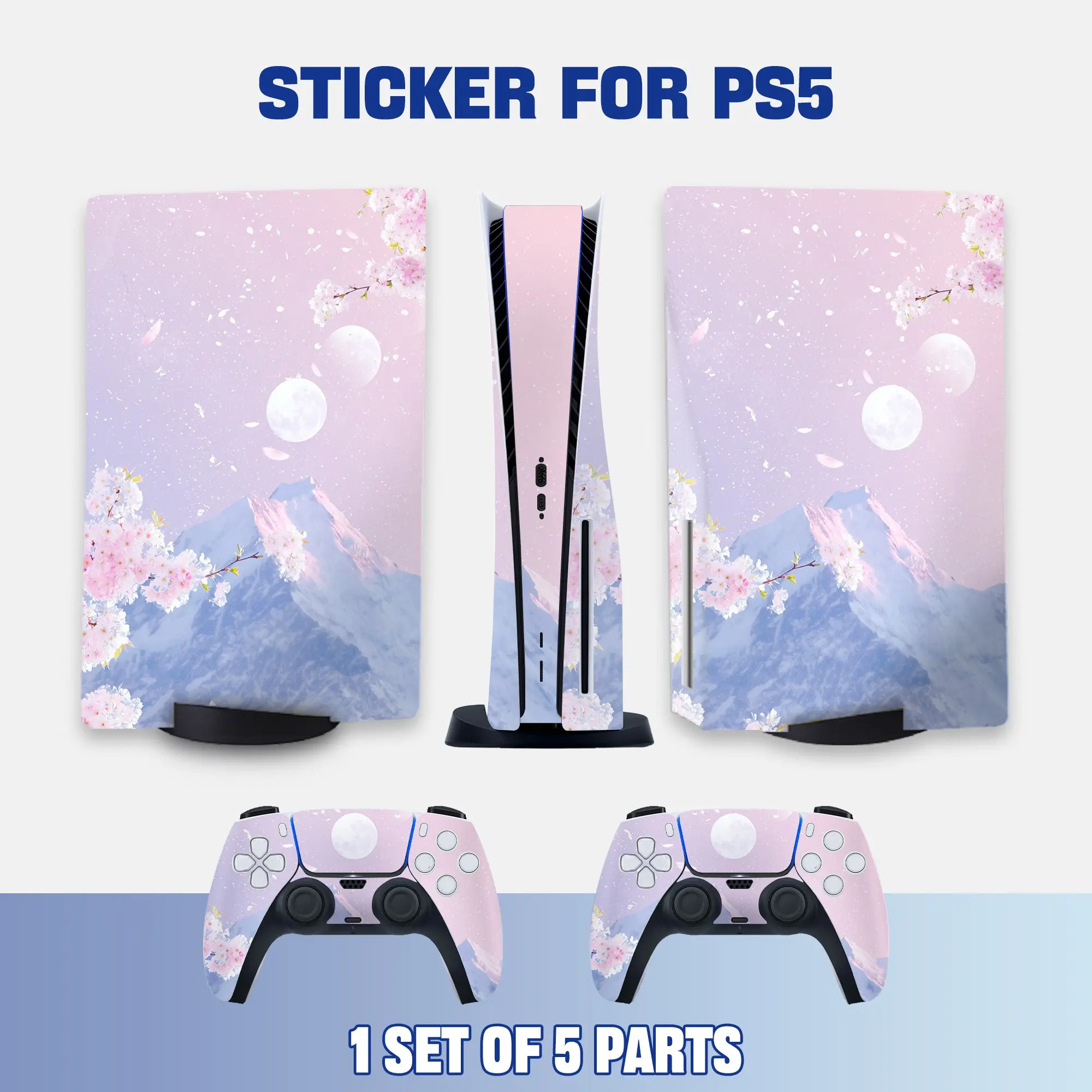 Ps5 Drive Edition Console & Controller Protective Stickers, Cherry Blossom Snow Moon Vinyl Decals, Durable Adhesive Film