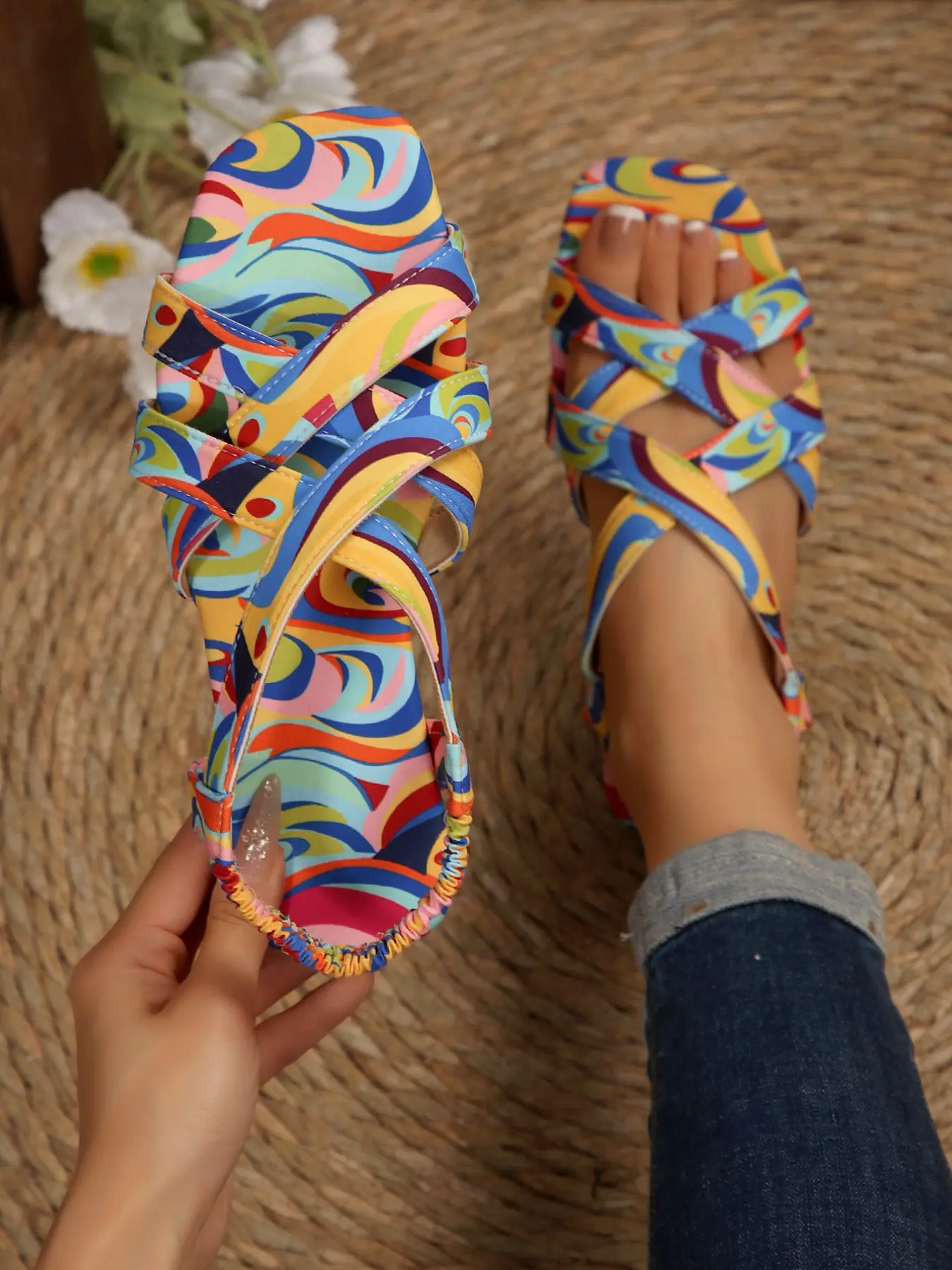 Colorful Cross-Strap Elastic Back Sandals, Retro Colorblock Graffiti Square Toe Open-Toe Resort Shoes, Ethnic Beach Sandals for Women