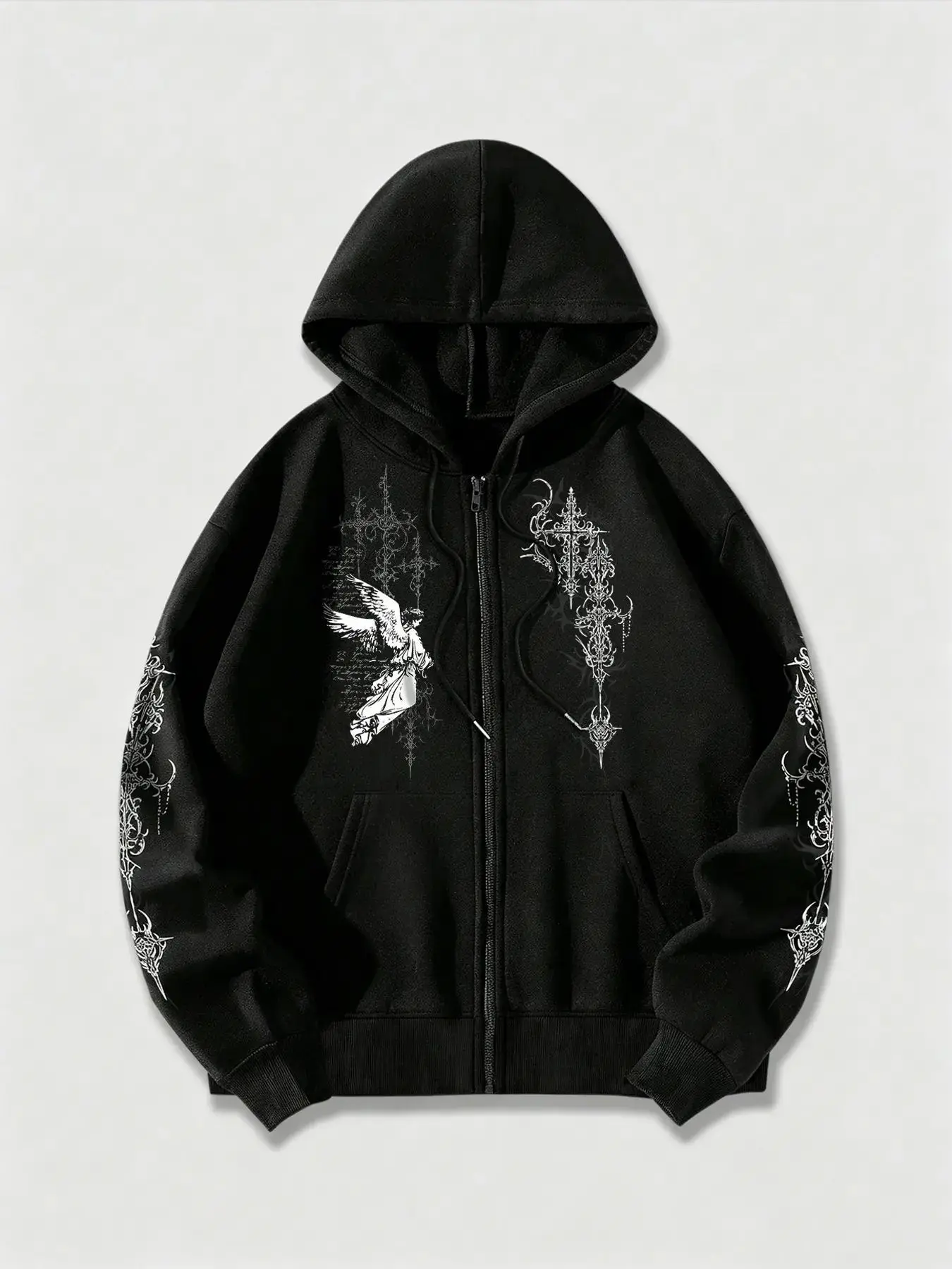 Men's Gothic Angel Cross Graphic Zip-Up Hoodie Y2K Cyber Sigilism Loose Fit Full-Zip Hooded Sweatshirt with Pocket for Men