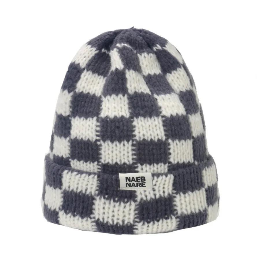 New Japanese Korean Winter Check Plaid Skullies Beanies Knit Hat for Women Ins Luxury Brand Y2k Bonnet Heavy Warm Hat Casual Cap