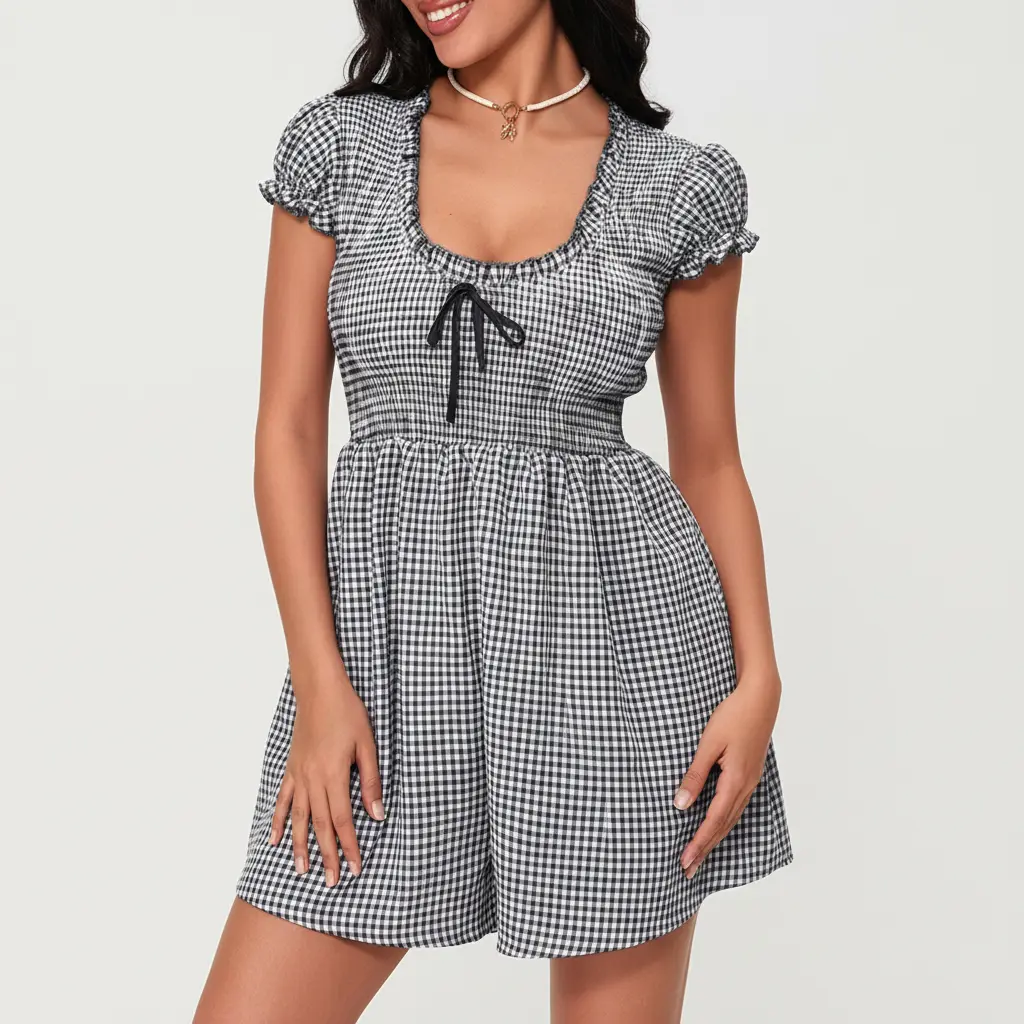 Women Gingham Plaid Romper Dress, Square Ruffle Neck Short Puff Sleeve Smocked Waist Tie Front Mini Jumpsuit Shorts Summer Coquette Outfit