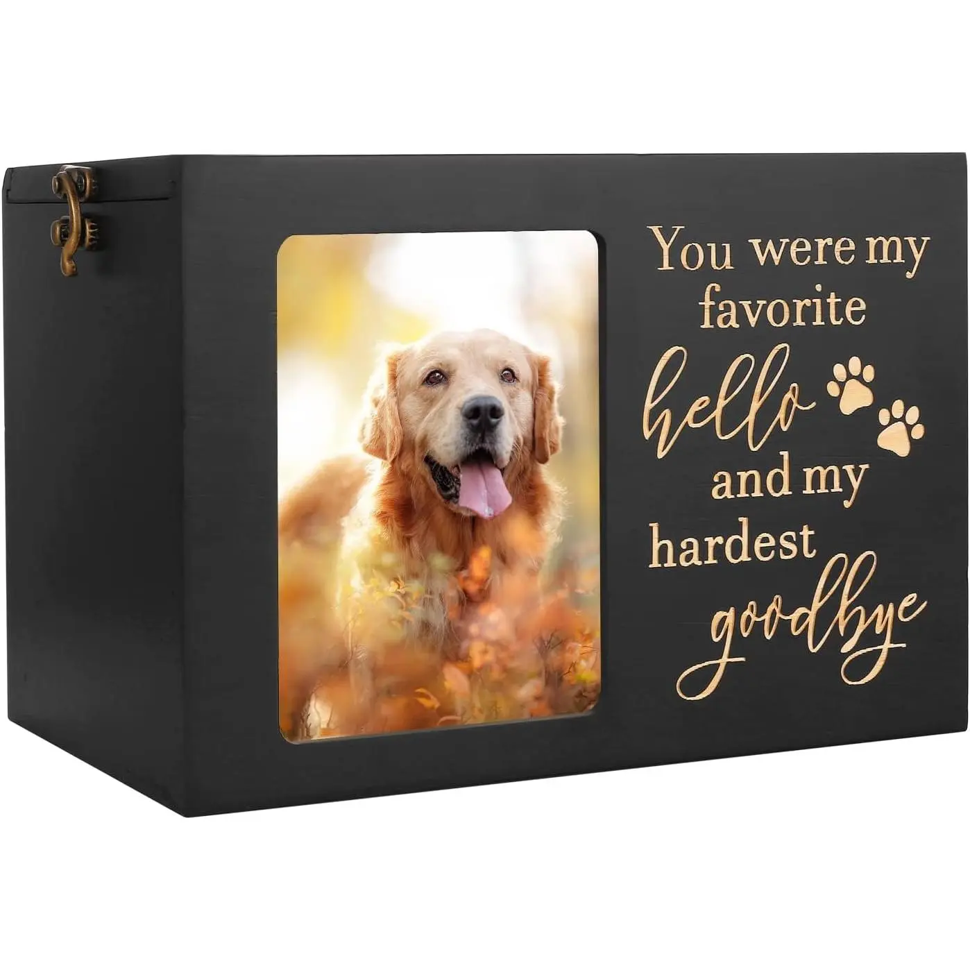Large Wooden Pet Memorial Urn for Dog or Cat Ash Storage, Photo Frame Cremation Urn with Black Flannel Lining, Memory Kept Keepsake Box