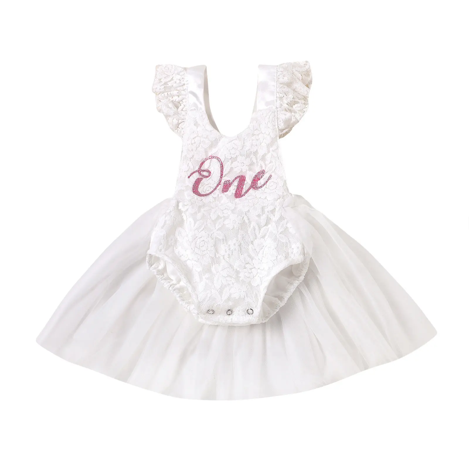 Baby Girl 1st Birthday Romper Dress - Glitter Single-Letter Print, Lace Mesh Tutu, Summer Infant Princess Party Bodysuit