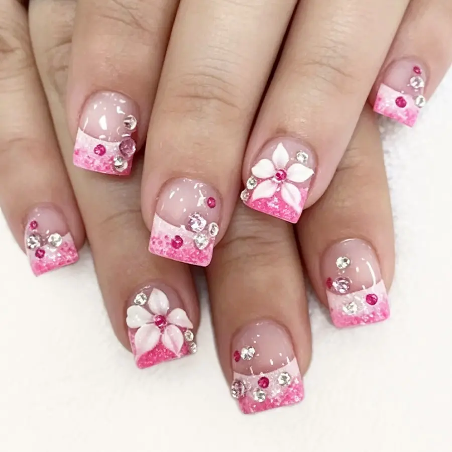 24pcs Short Square Press-On Nails, French Glitter Floral Design, Reusable Sweet Daily Wear, Suitable for Women and Girls, Stick On Nails
