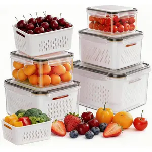 4 Pack Large Fruit Containers for Fridge - Leakproof Food Storage Containers with Removable Colander - Dishwasher & microwave safe Produce Containers Keep Fruits, Vegetables, Berry, Meat Fresh longer