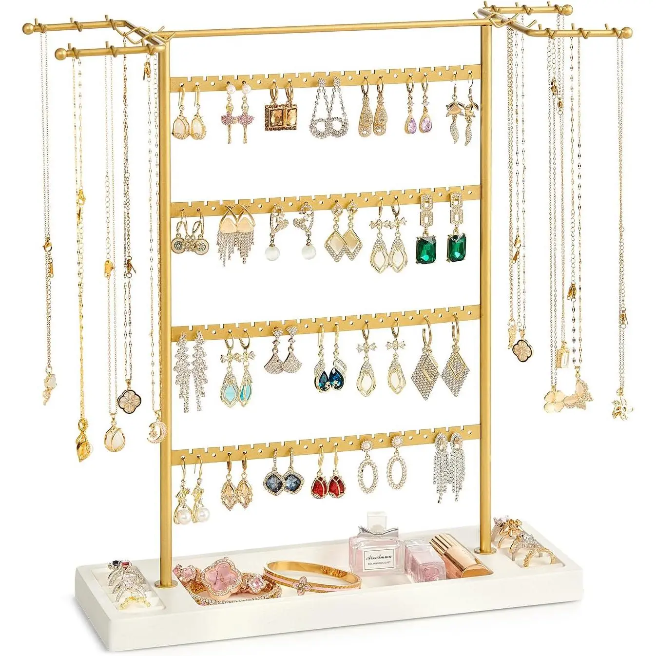 Jewelry Organizer, 4 Tier Earring Holder Organizer with Base Tray, Jewelry Holder Organizer Stand for Necklaces Holder, Rings, Bracelets, Jewelry Display and Storage (Golden and White)
