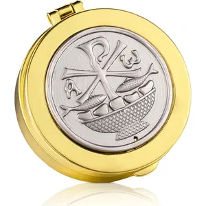 Pyx for Communion Host Catholic Polished Gold Brass Latin Cross Pyx/keepsake Box for Holy Communion Priests Deacons Eucharist Holy Gift,1.97 Inch(Fish)