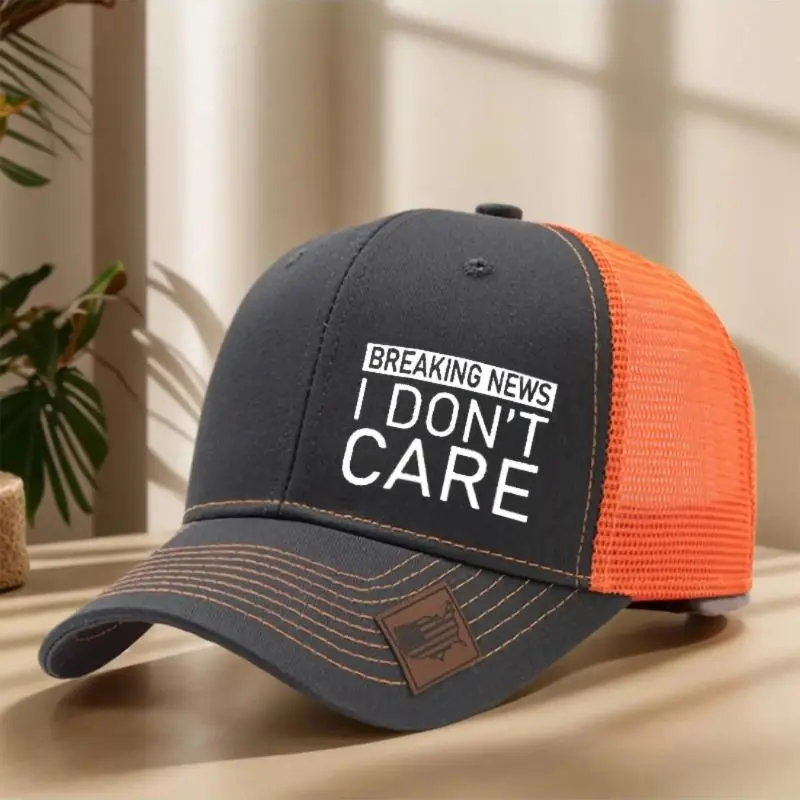 Breaking News I Don't Care Funny Sarcastic Trucker Hat, Mesh Back Baseball Cap with American Flag Leather Patch, Adjustable Snapback Humor Hat for Men Women, Hats For Women, Men's Hats