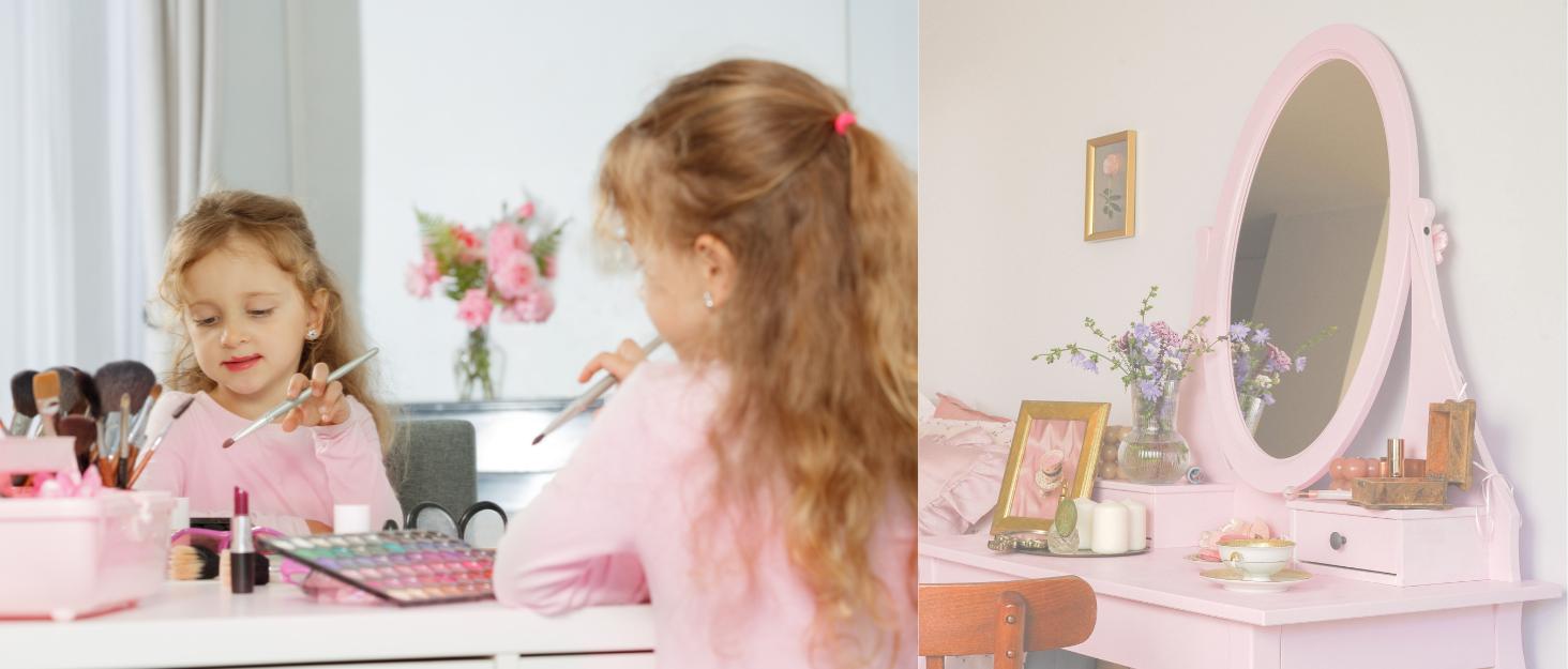 Karlhome Kids Vanity Table and Chair Set, Princess Toddler Dressing Table with 7pcs Multiple Make up Accessories 3 Drawers & Tabletop Storage, Wooden Pretend Play Vanity Set for Little Girls