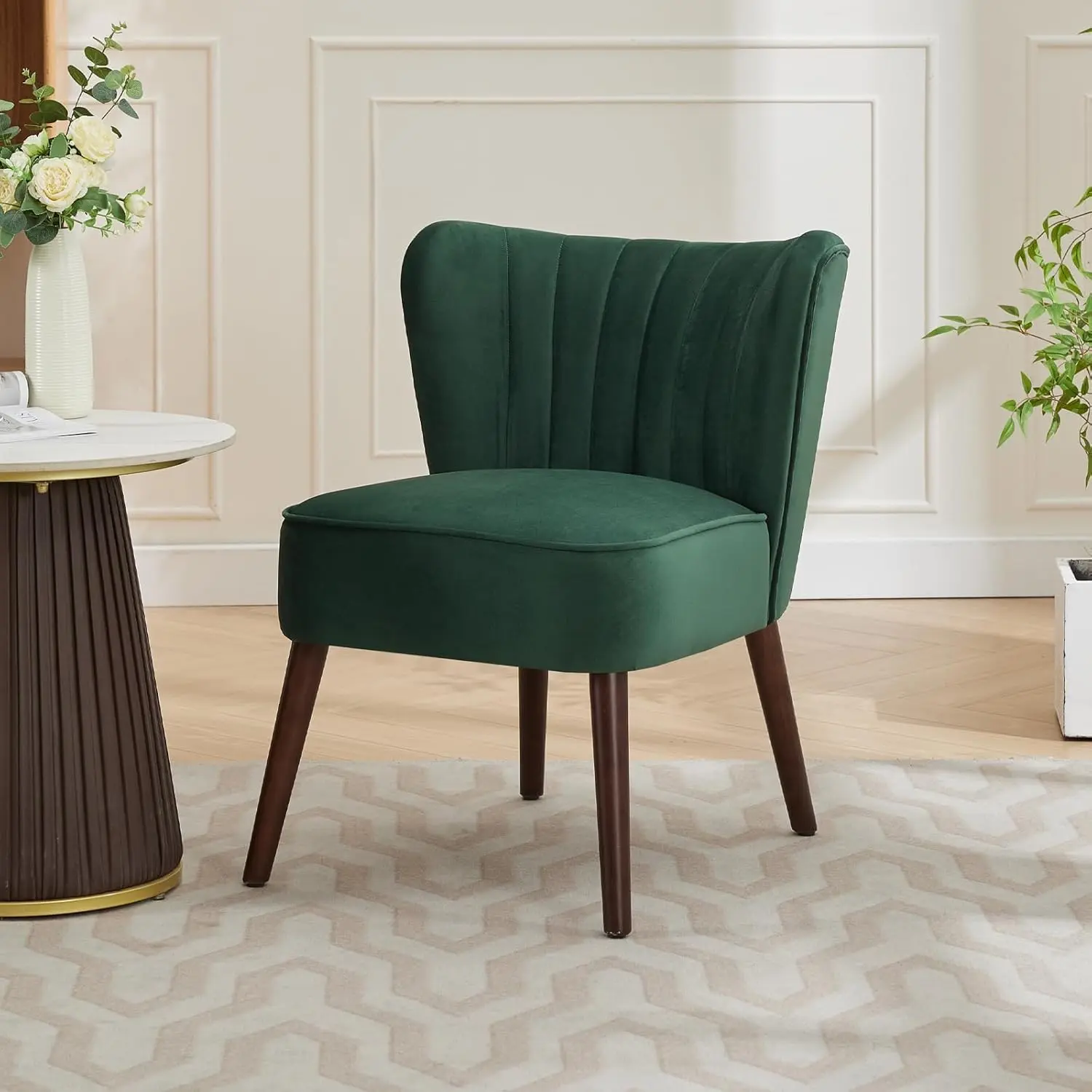 Modern Soft Accent Chair – Armless Single Sofa with Plain Wood Legs – Soft Upholstered, 300lbs Capacity, Adjustable Feet – Perfect for Living Room, Bedroom, Office – Green/Beige/Black