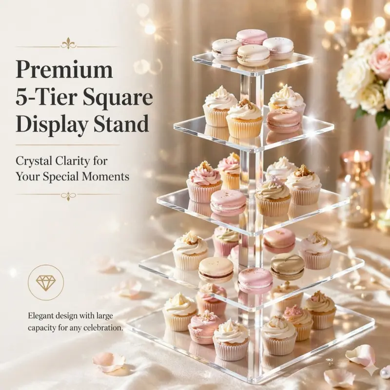 5-Tier Clear Acrylic Cupcake Stand. Square multi-layer dessert display rack with crystal-clear look for elegant presentation. Perfect for weddings, parties and all celebrations.