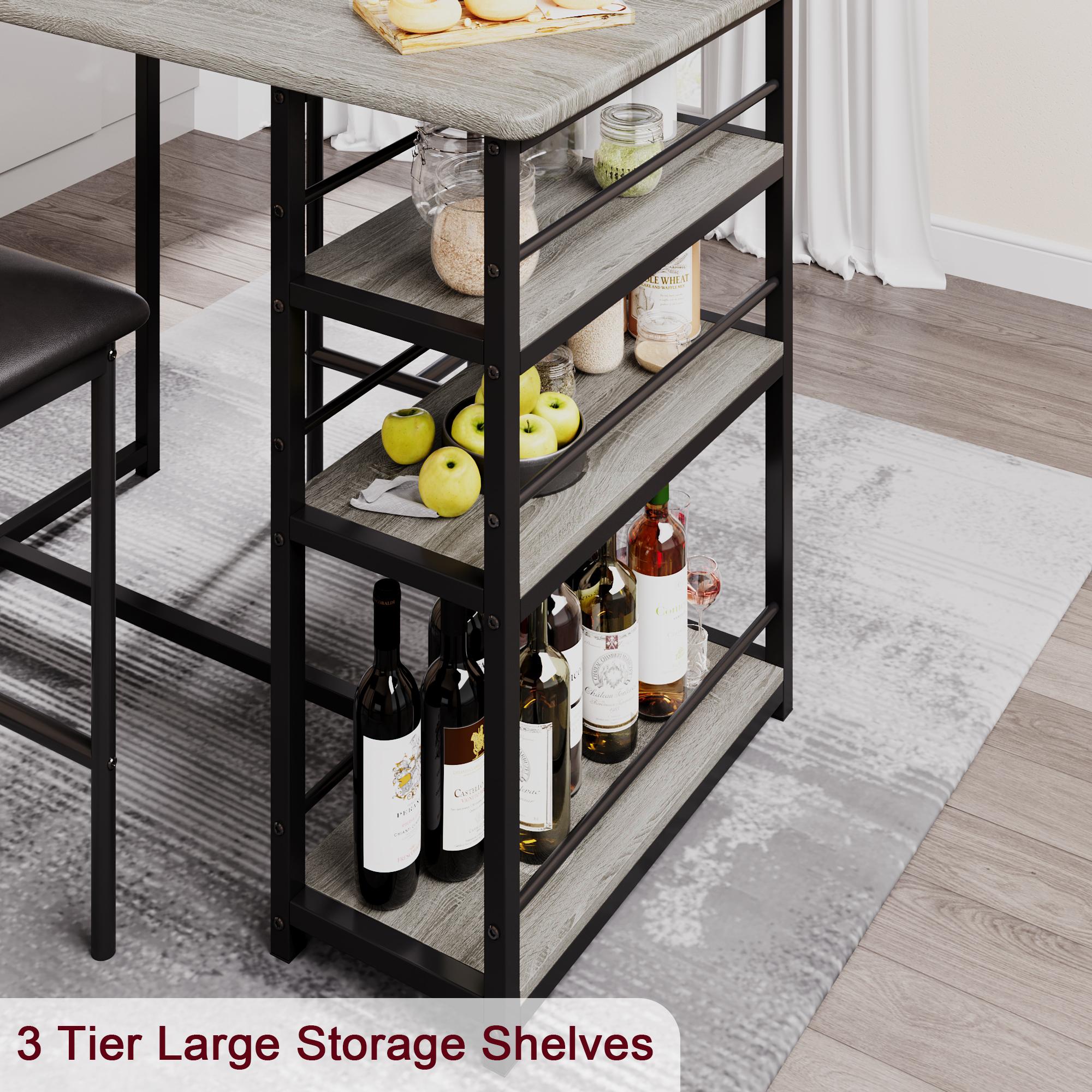 YJ-Garvee 3-Piece ，1 Dining Table Set for 2 with Upholstered Chairs, Counter Height Kitchen Table with 3 Storage Shelves, Rustic Gray Finish, Ideal for Small Spaces and Apartments