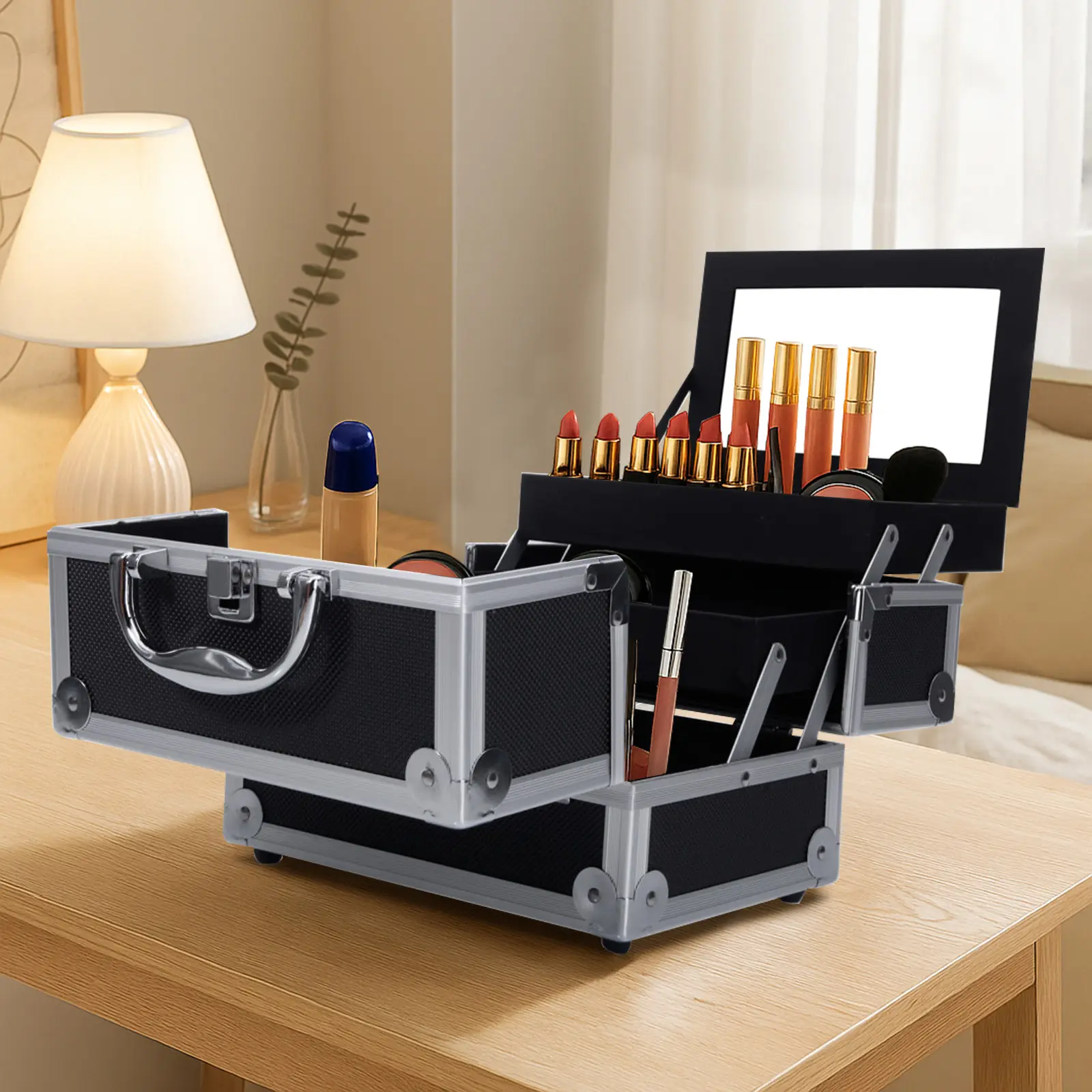 Professional Aluminum Makeup Train Case with Mirror & Lock - Portable Cosmetic Organizer Box (Black)