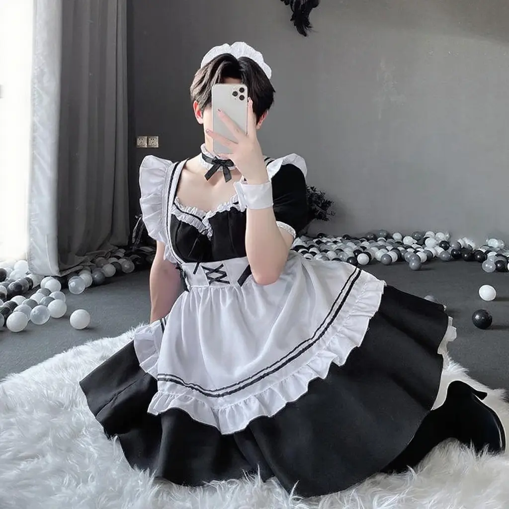 Men's Classic Ruffled Cosplay Dress, Black-White Lolita Maid Outfit with Headband, Choker, Cuffs for Crossdresser Party Halloween Events, Ruffles