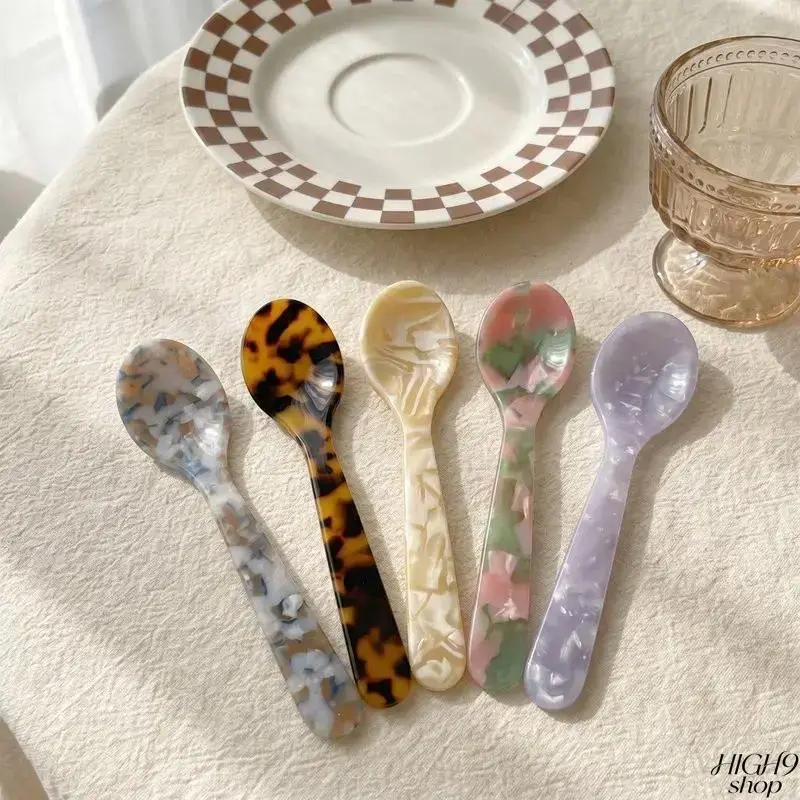 4.56 Inch Marble Pattern Acrylic Mini Taster Spoons, Smooth Lightweight Multicolor Dessert Scoops, Multipurpose Small Tableware For Caviar Ice Cream Coffee Use At Home Cafes And Restaurants