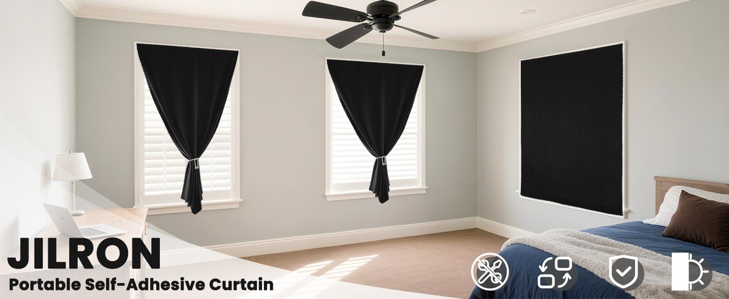 Autohesion Curtains for Windows,Bedroom Blackout Curtains for - Thermal Lnsulated No Drill Curtains Room Darkening Black Small Drapes, JILRON,(1 Panels,35Wx48L inch-Black)