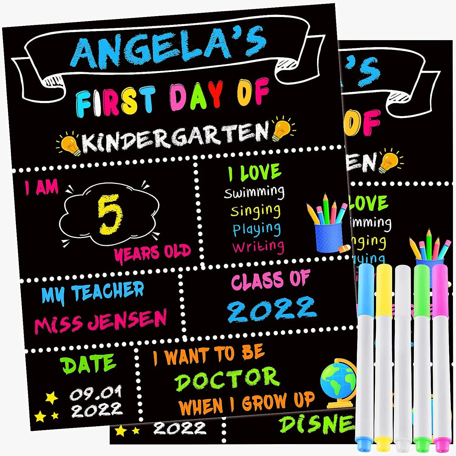 14-Pack Unisex First Day of School Board Signs, 12"x10" Double-Side Chalkboard Photo Prop Signs with 5 Markers (School & Educational Supplies), First Day Of School Sign