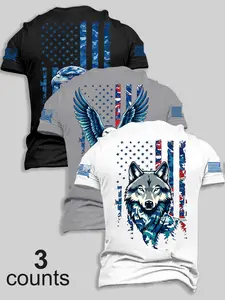 3 Pack Mens Crew Neck Short Sleeve Tees Distressed Camo American Flag Eagle Wolf Animal Back & Sleeve Dual Position Print Patriotic Retro Loose Streetwear Tops For Daily Outdoor Casual Outfit#PatrioticAnimalTees #CamoFlagGraphicShirts #WildlifeFlagWear