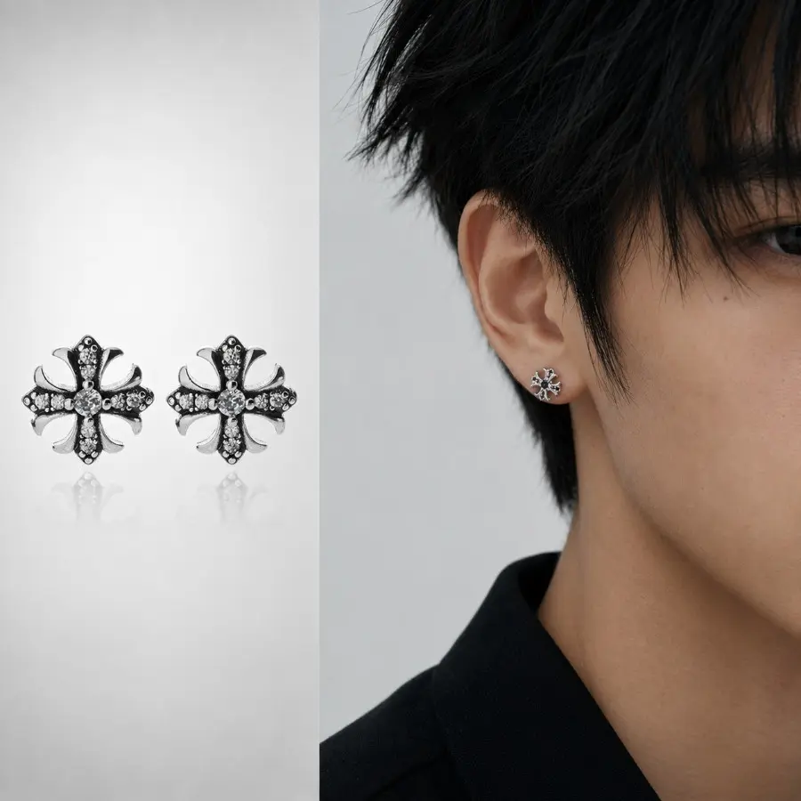 Vintage Crowe cross zircon full diamond magnetic ear clips men and women cold wind niche light luxury earrings accessories