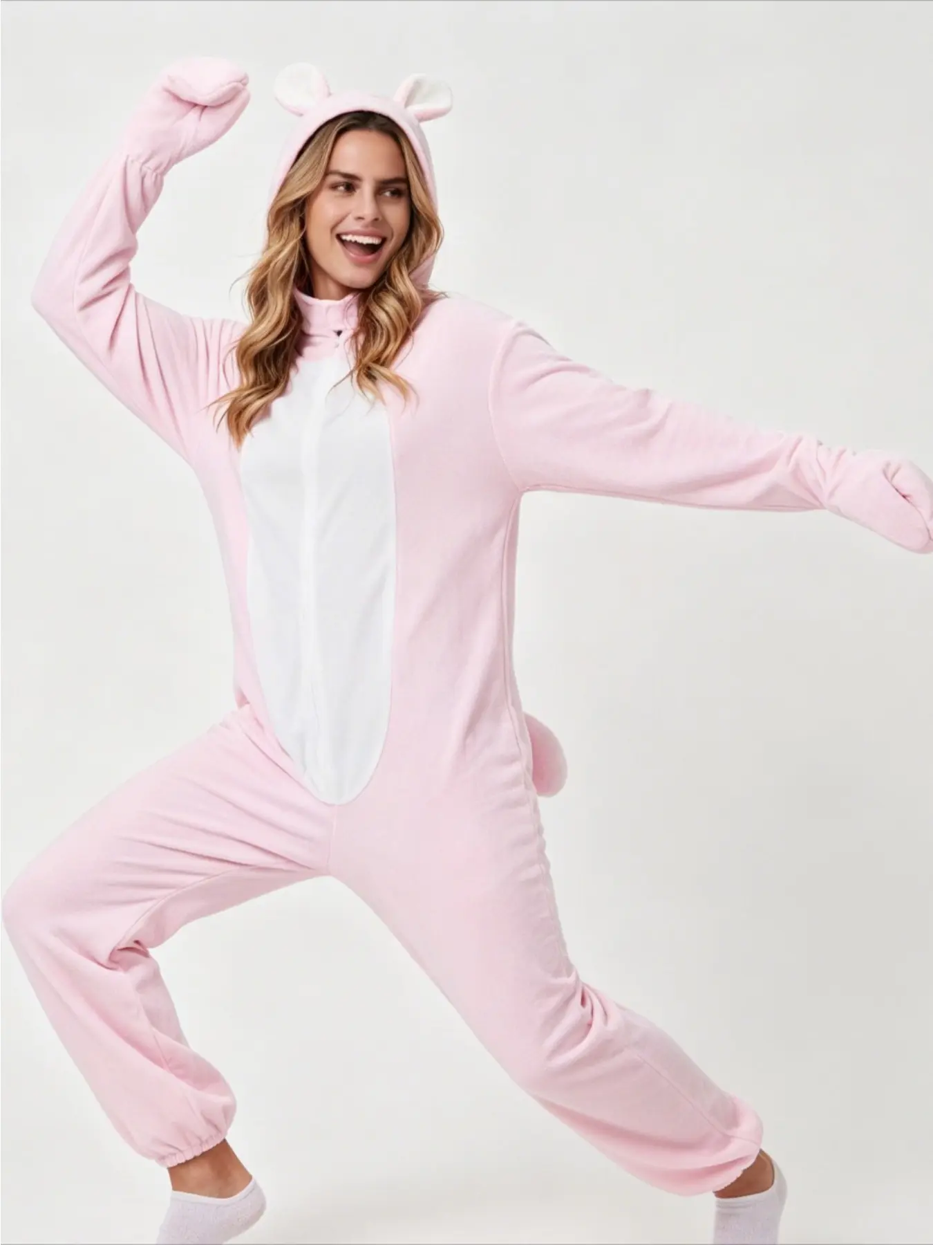 Adult Cute Pink Rabbit Plush Jumpsuit Onesies Long Sleeve Soft Breathable Loose Style For Party Carnival Cos Daily Costume Photography Wear