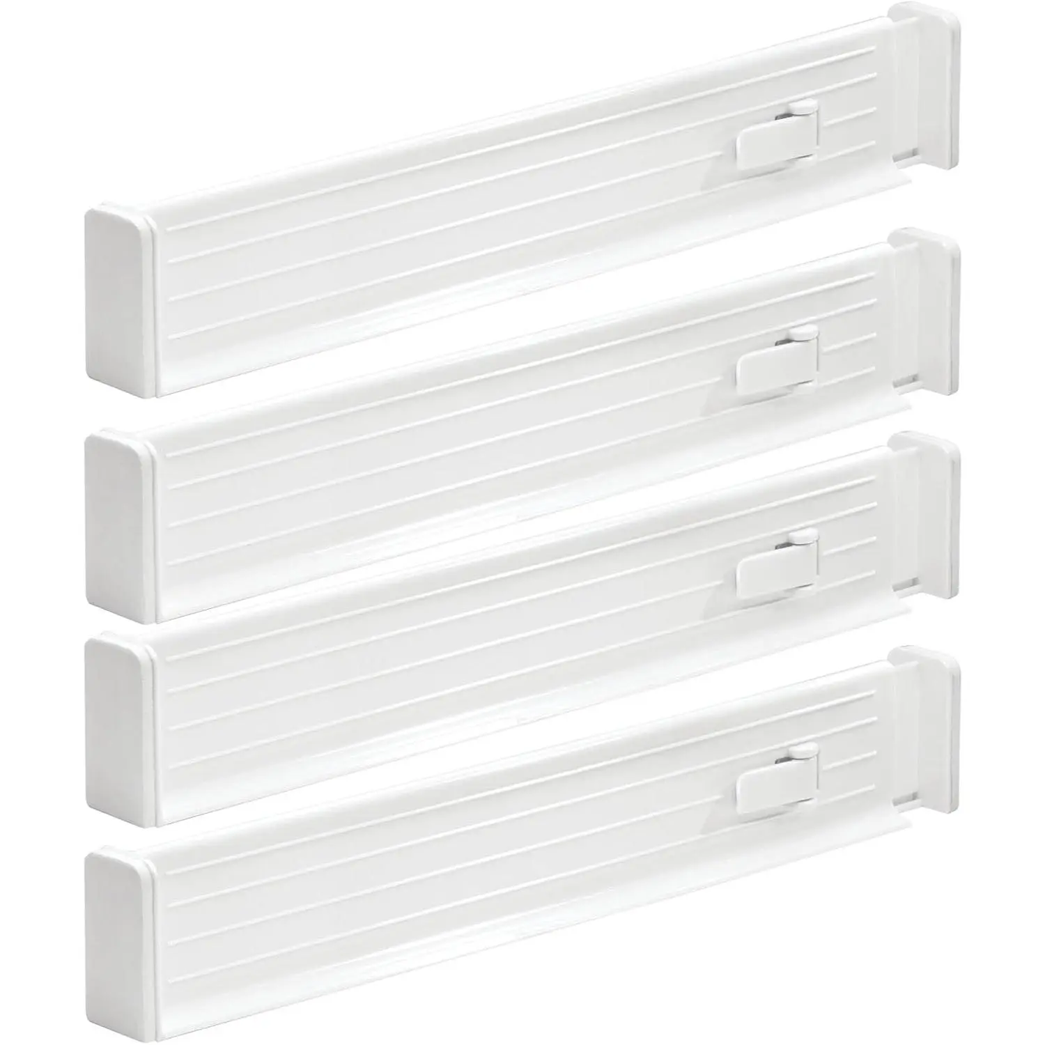 Expandable Dresser Drawer Divider with  Ends, Drawer Divider Locks in Place, Separators for Clothing and Accessories in Closet or Dresser Drawer, Ligne Collection, 4 Pack, White