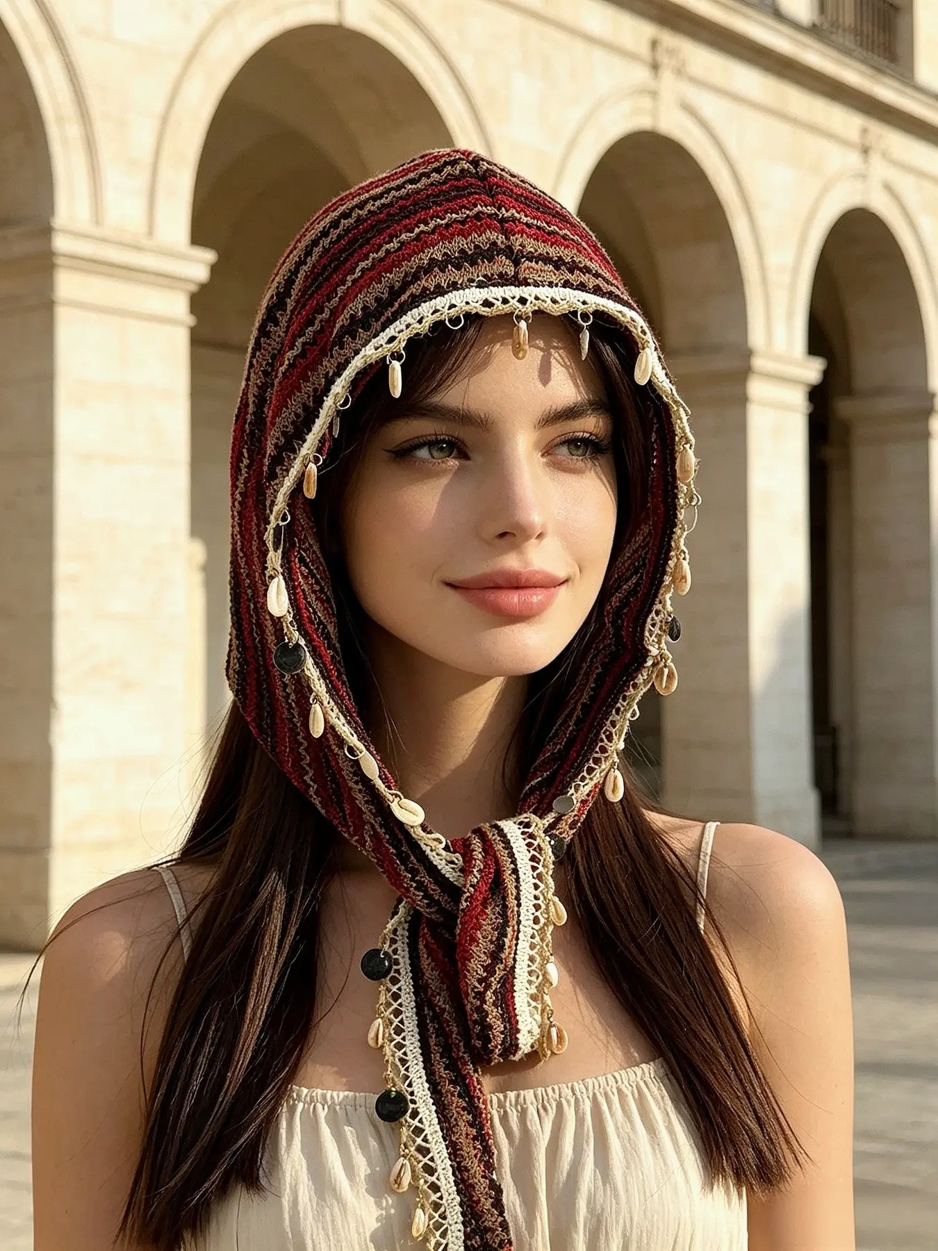 Bohemian Striped Headscarf, Two-In-One Hooded Scarf, Hollow Knit, Shell Sequins Fringe, Breathable Sun Protection, Women's Travel Headwrap
