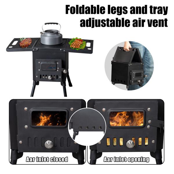 Portable Wood Burning Stove for Tent & Camping, Carbon Steel Folding Heater with 3 Chimney Pipes & Fire Blanket for Ice Fishing, Hunting & Cooking