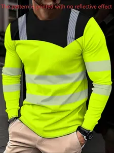 Men's Sport Long Sleeve T-Shirt, High Performance Activewear, Athletic Activewear, Fluorescent Color Patchwork Quick-Dry Top, Fashion Fitted Short Length, Athletic Sports Clothing, Spring & Fall Wear, Sports Tops