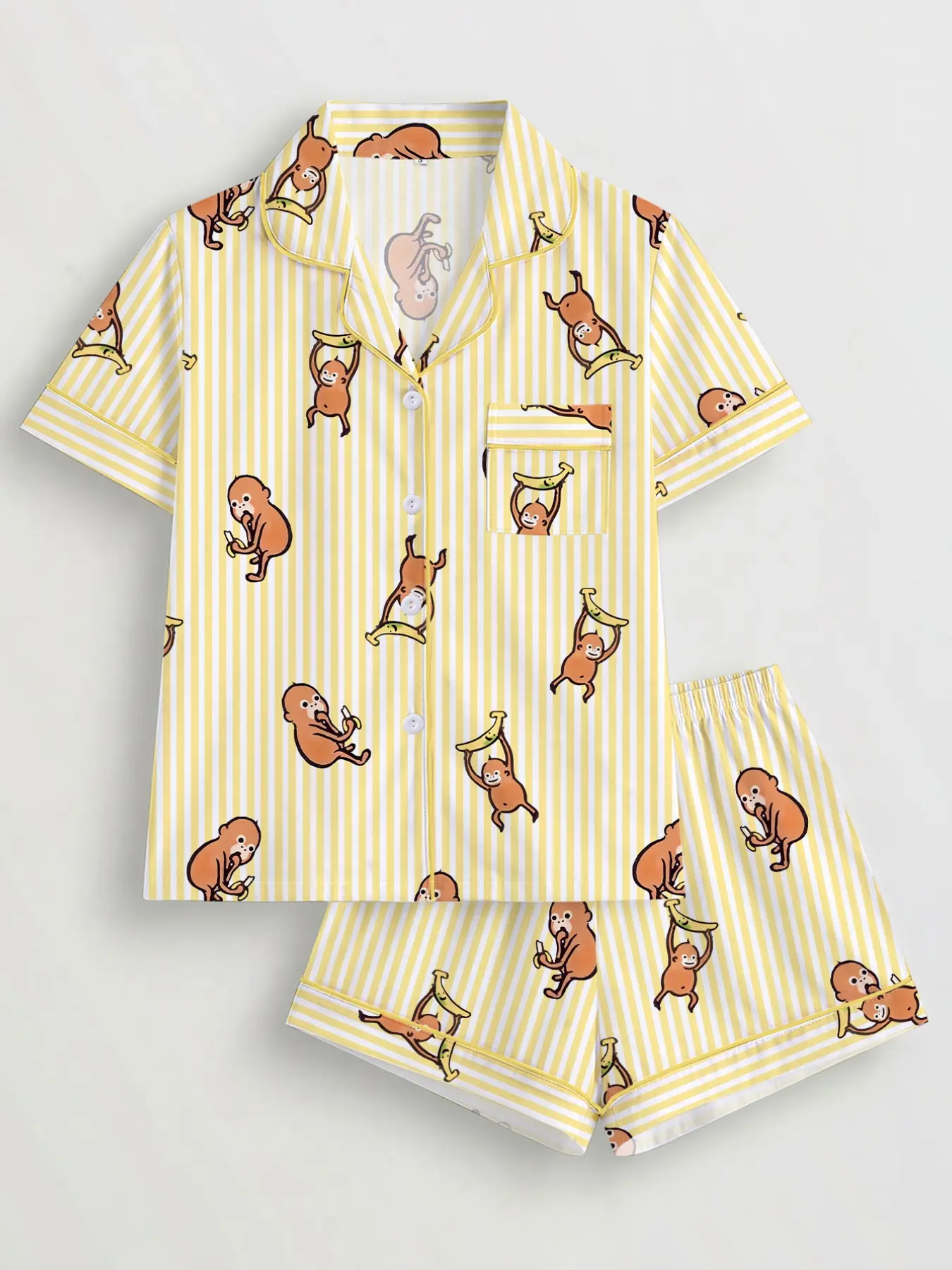 Women's Cartoon Monkey Print Pajama Set, Short Sleeve Button Shirt and Elastic Shorts, Casual Home Wear, Comfortable Sleepwear, Loungewear Sleepwear Set, Pajama Outfit