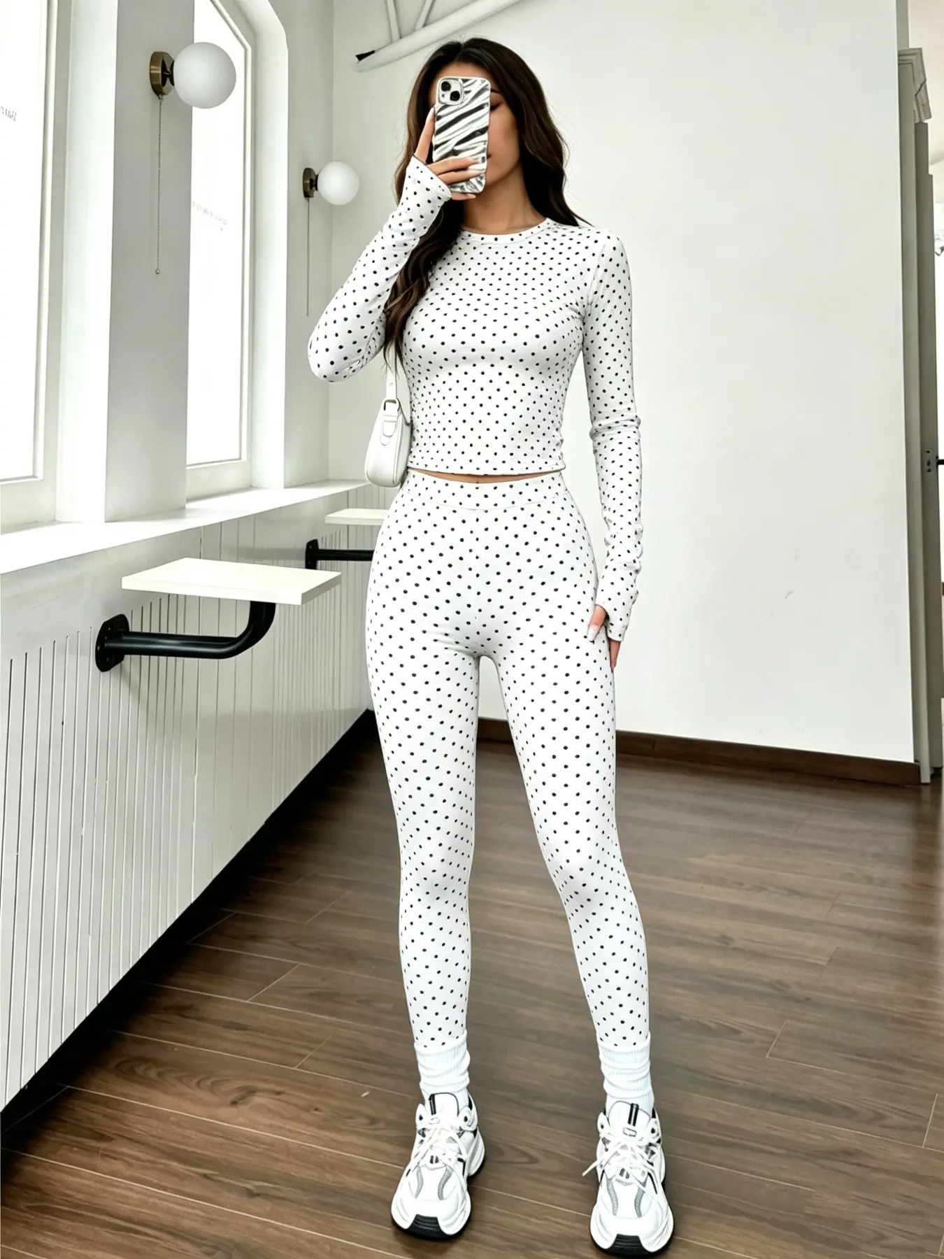Women's 2-Piece Matching Set, Polka Dots on Navy Base, Cropped Long Sleeve Top & High Waist Leggings, Spring Autumn Gym, Gym Outfits