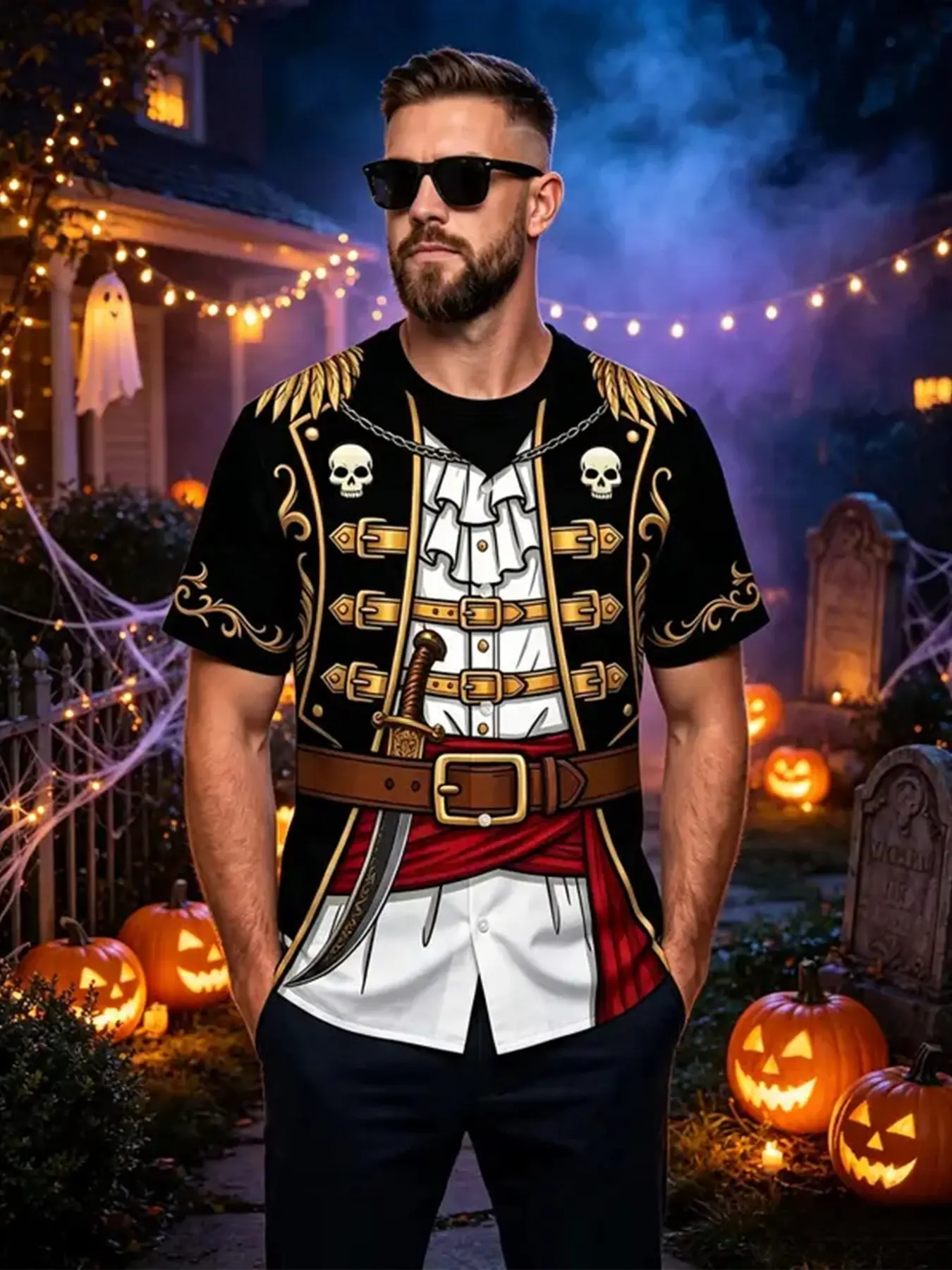 Men 3D Optical Illusion Fake Two Piece Print T-Shirt Lumberjack Overalls Knight Armor Pirate Captain Cosplay Short Sleeve Tee For Theme Park Halloween Costume